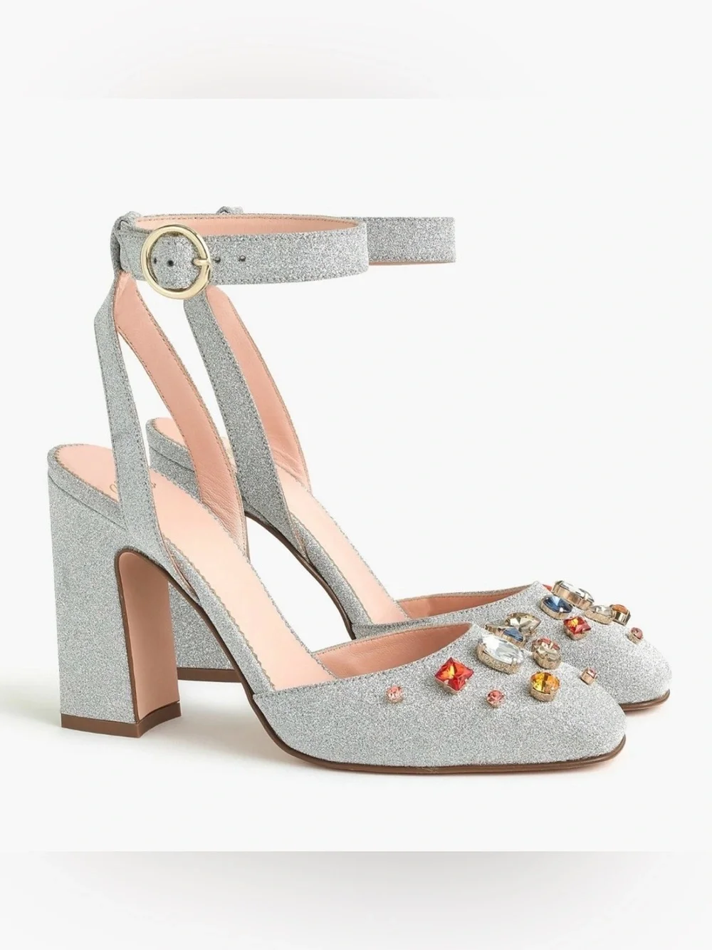 J. Crew Vicky Silver Glitter Jeweled Ankle-Strap Heels size 7.5